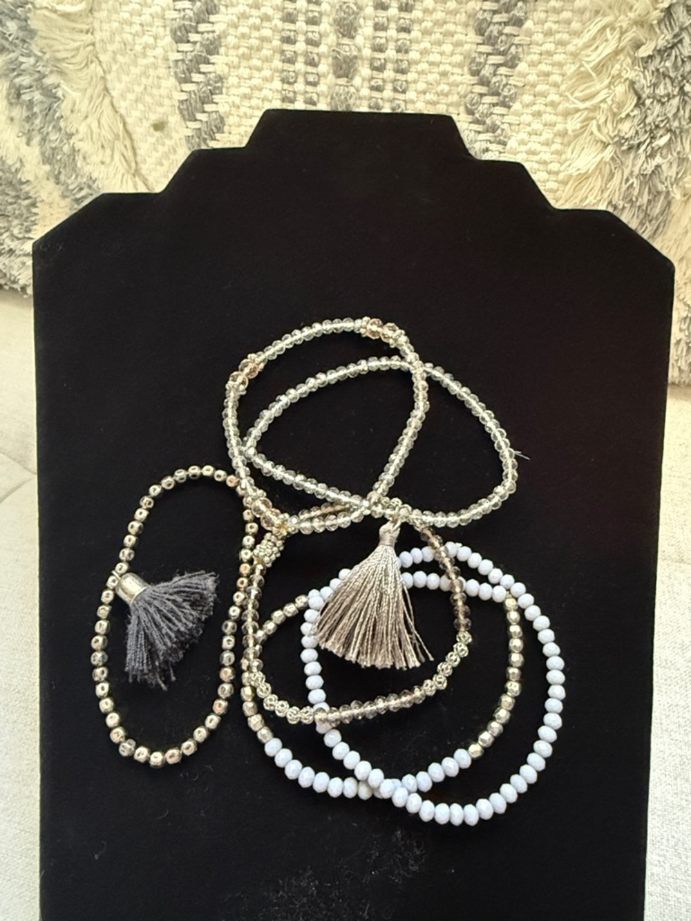 Beaded Tassel Stretch Bracelet Set - Gold and White